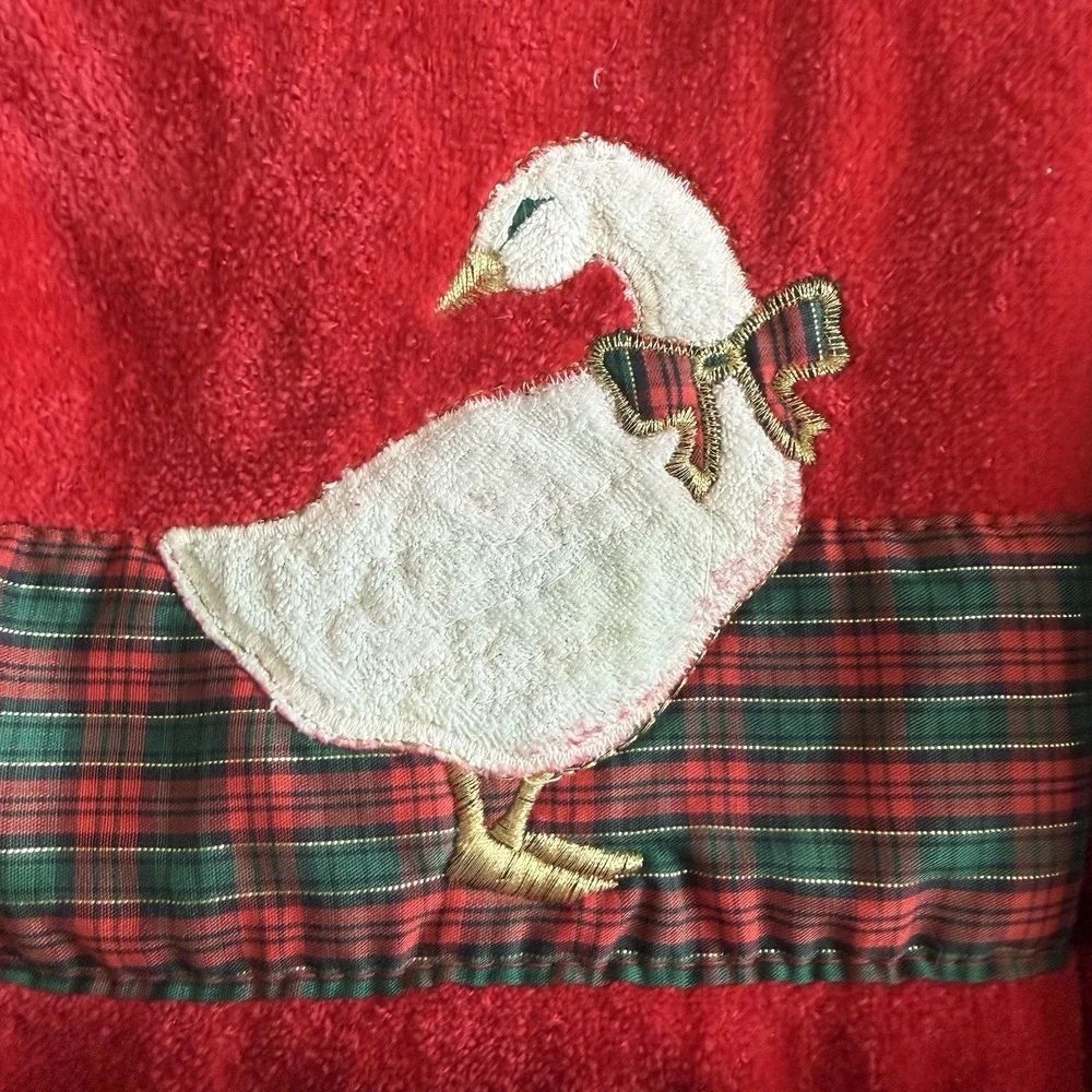 Vintage R.A. Briggs Goose Towel Set 4 Sears Christmas Bath Hand Tartan Plaid Red